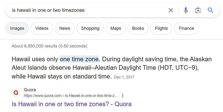 A google search for Hawaii time zones