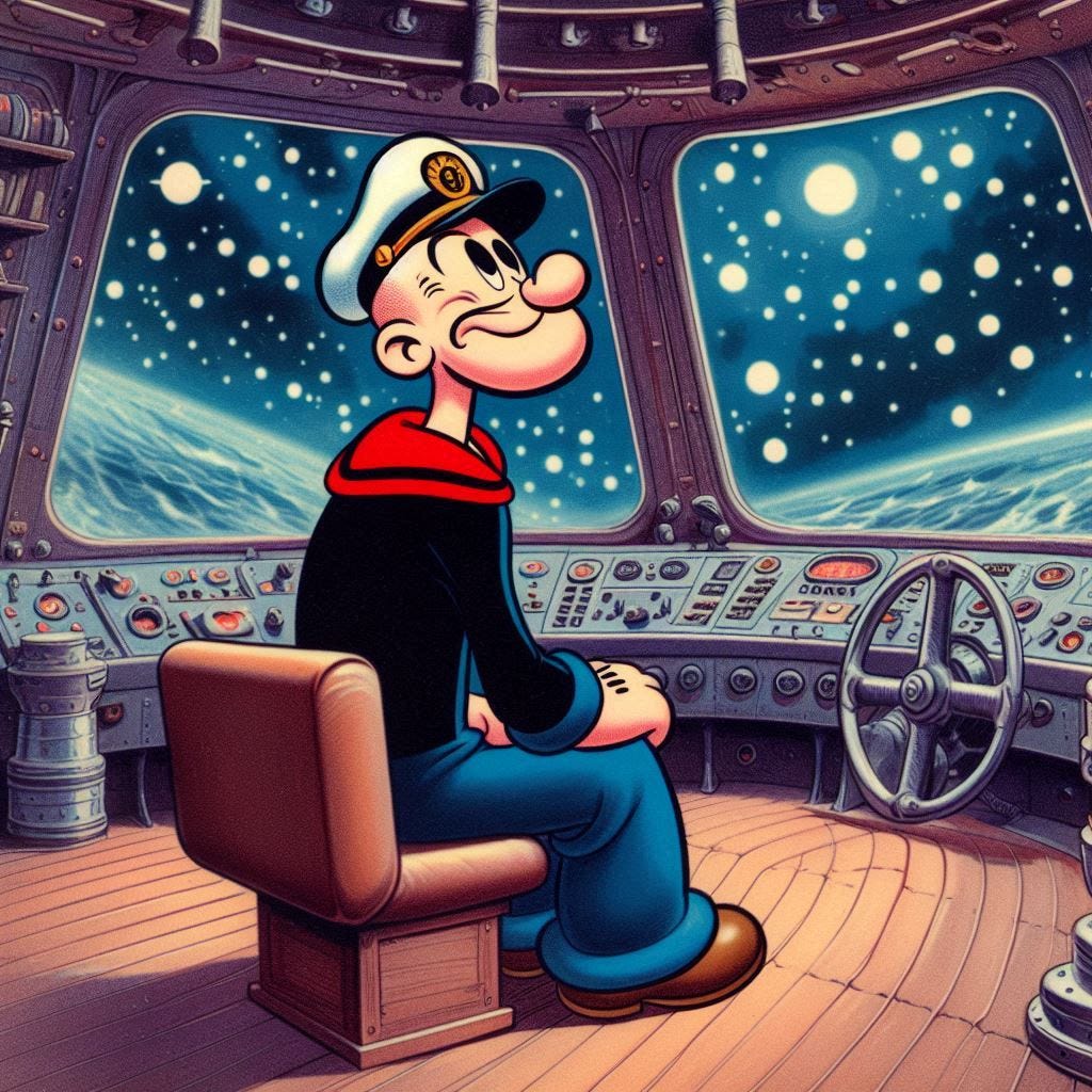 Popeye in space uniform, bridge of a starship, 1930s cartoon