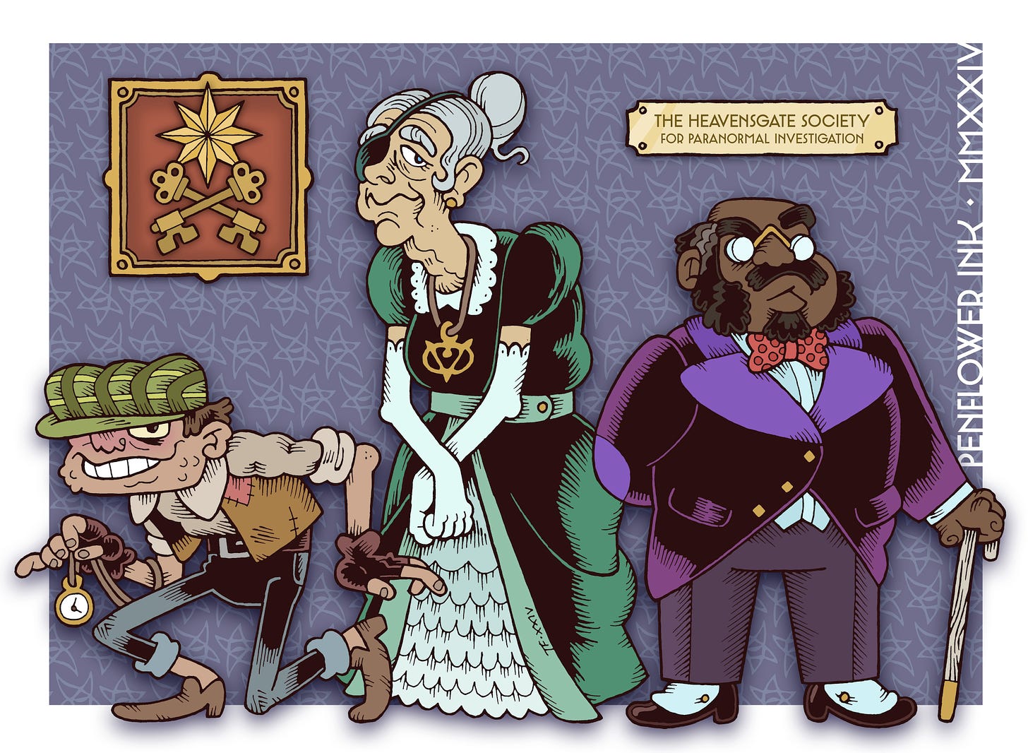 Composite image of three traditionally hand-drawn and digitally coloured Call of Cthulhu investigator characters. From left to right: a tanned, spotty and gangly young man wearing tattered urchin clothes, flat cap and fingerless gloves, holding up a stolen pocket watch. A pale elderly woman with silvery hair, wearing a dark green gown, long white gloves, a gold amulet and an eyepatch over her right eye. A middle-aged black man with large sideburns and mustache, wearing spectacles, a spotted red bow-tie, an elegant purple suit and spats. He is leaning on a white wooden cane. Behind the trio is a wall pattered with elder sign symbols. On the wall hangs a framed gold star above two keys, and a plaque that reads: The Heavensgate Society for Paranormal Investigation.