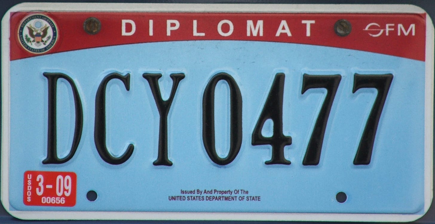 A Photograph of a United States diplomatic license plate