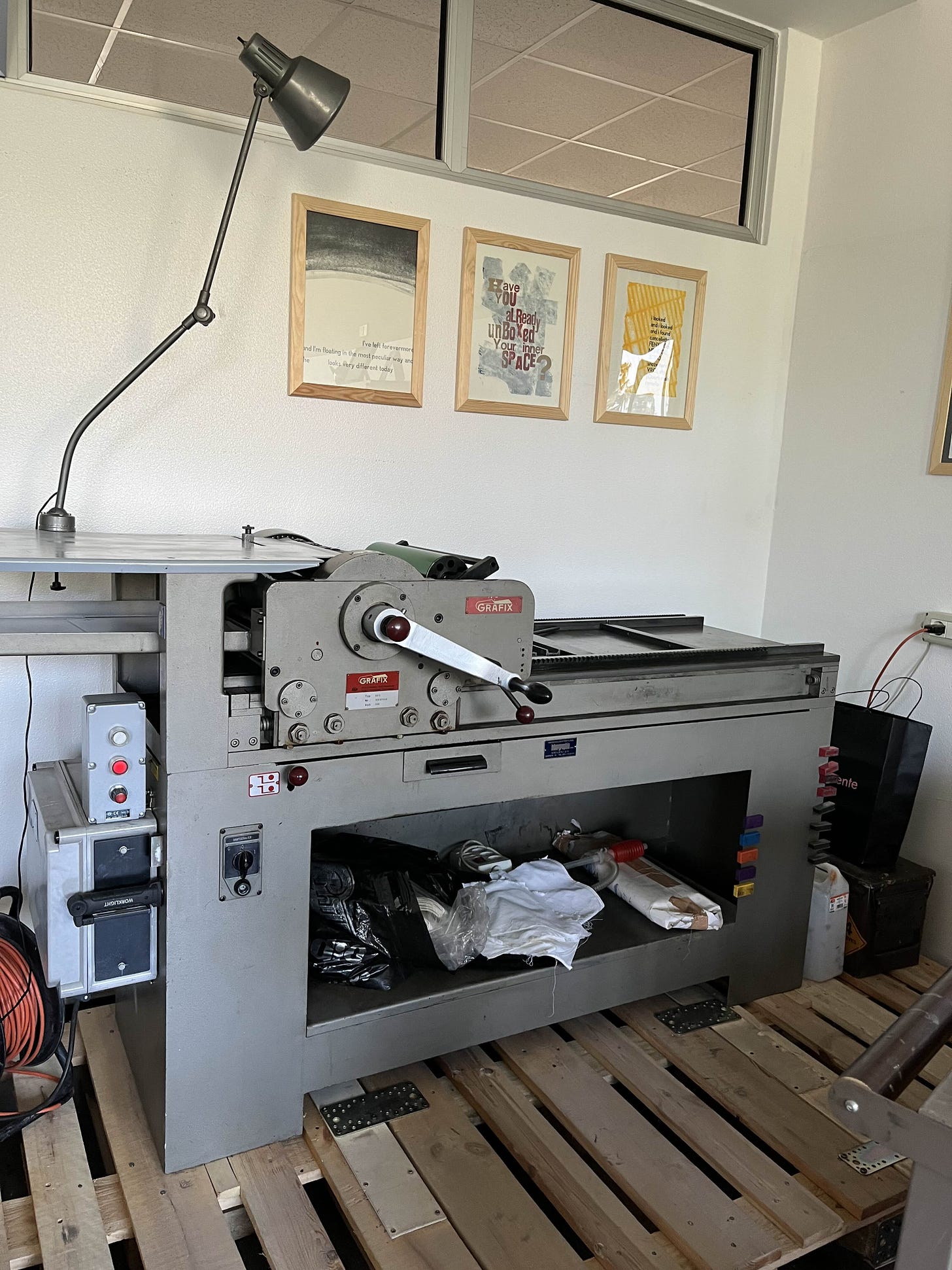 The cool and messy shop and a big old proofing press