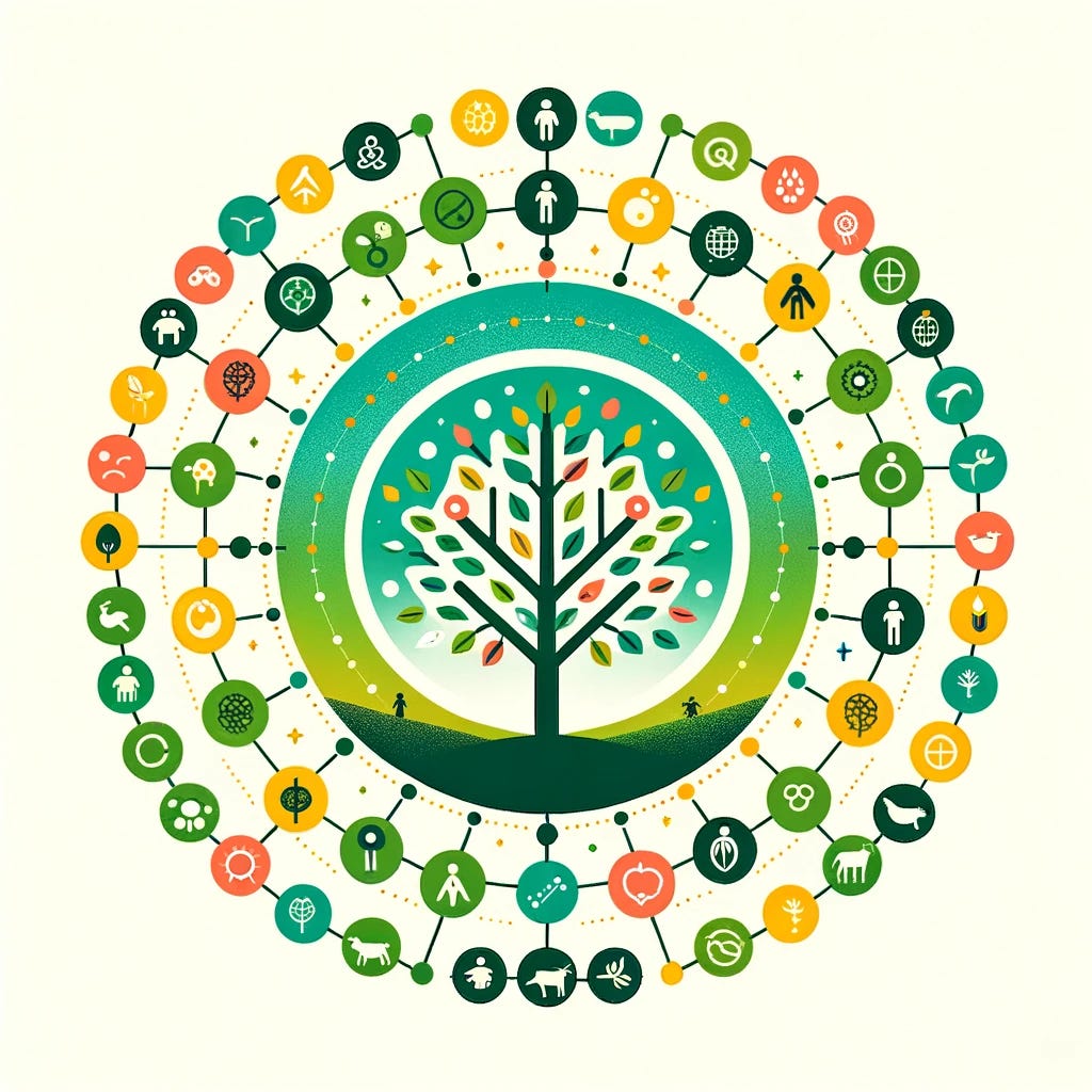 A colorful, minimalistic, and symbolic illustration that captures the essence of deep ecology. The image should feature a simple, yet powerful design with a central tree represented in vibrant green. Around the tree, a circle of various small icons symbolizes different life forms—humans, animals, and other plants—each connected by golden lines to the central tree, illustrating the unity and interdependence of the ecosystem. The background is a subtle white to emphasize the focus on the colorful symbols, creating a clean and impactful visual representation of deep ecology principles in green, gold, and white colors.