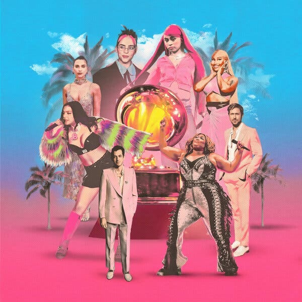 A group of musicians surrounds a larger-than-life Grammy Award on a bright blue and hot pink background. Palm trees and a smattering of clouds surround the group, which includes artists featured on the “Barbie: The Album.” They are: Billie Eilish, Ice Spice, Cardi B, Ryan Gosling, Lizzo, Mark Ronson, Charli XCX and Dua Lipa.