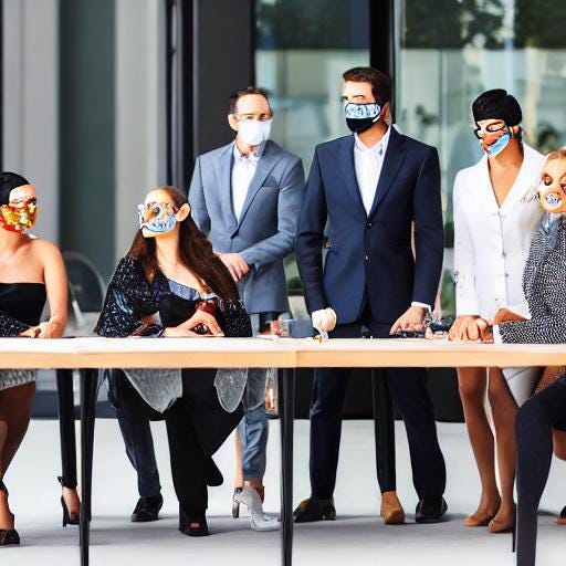 A group of people sat at a board table wearing masks to hide their identity