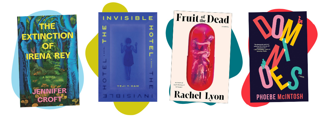 Book covers for The Extinction of Irena Rey, The Invisible Hotel, Fruit of the Dead, and Dominoes