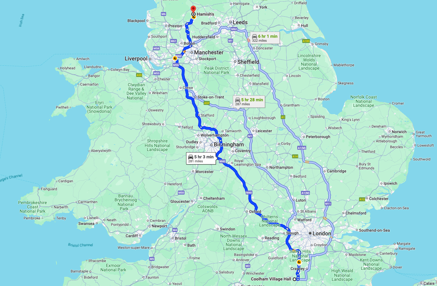 Map showing the route from Hamish's to Coolham