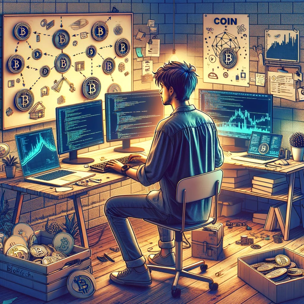 A digital artwork depicting an indie developer working on cryptocurrency projects. The scene is set in a cozy, informal home office, filled with tech gadgets, computers with coding software open, and monitors displaying cryptocurrency charts. The developer, a young, focused individual wearing casual clothes, is typing on a keyboard with notes and brainstorming ideas about blockchain technology scattered around. In the background, there's a small whiteboard with sketches of coin icons and blockchain diagrams. The atmosphere is creative and innovative, symbolizing the indie spirit in the world of cryptocurrency development.