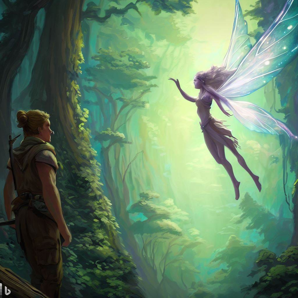 flying fairy, talking to tall adventurer, forest, D&D fantasy art