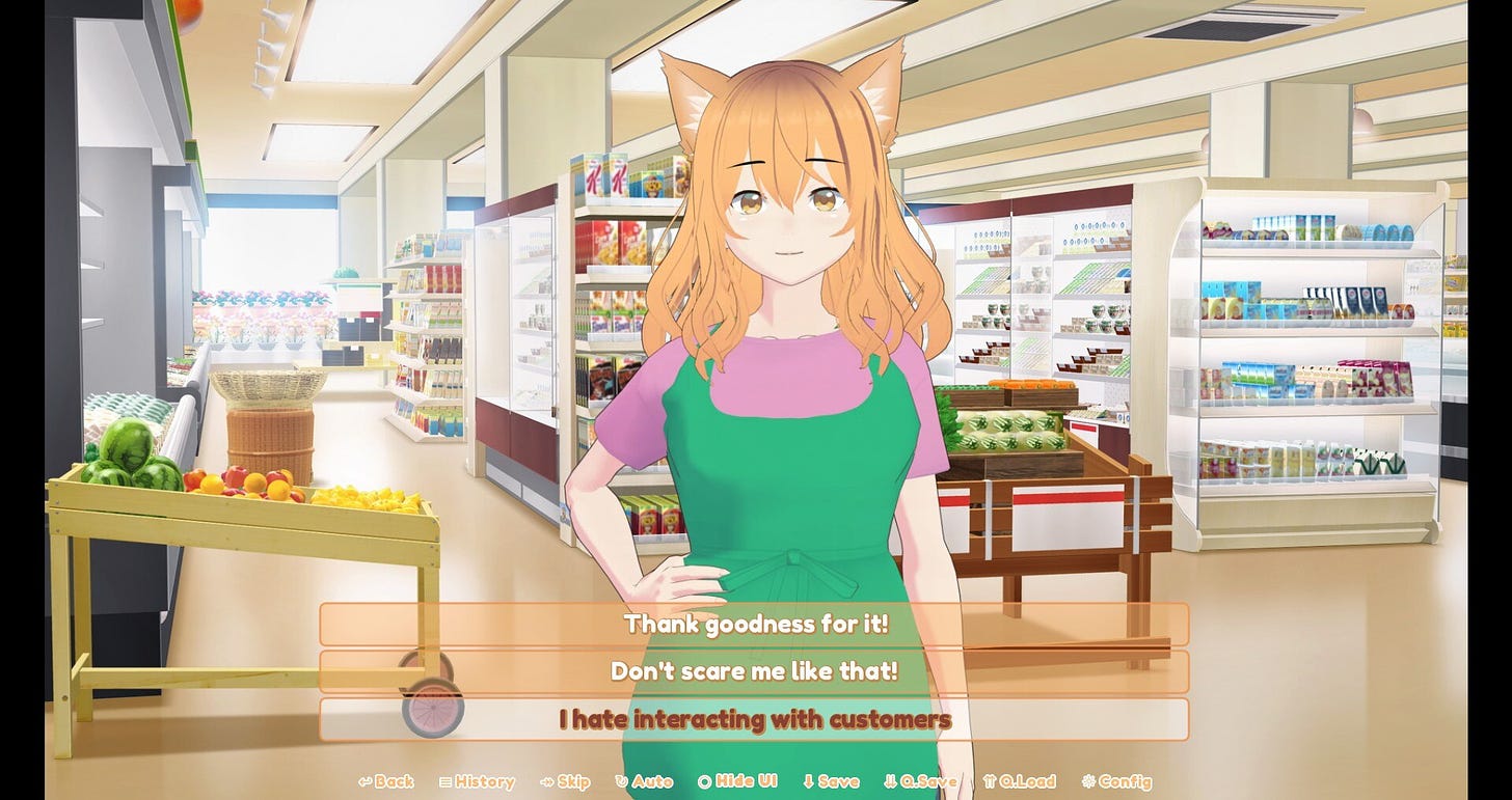 A blonde catgirl is on the screen while you have to choose between the dialogue options. The third option, I hate interacting with customers, is highlighted.