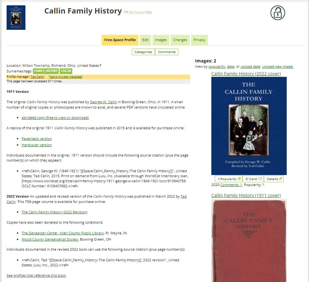 Screenshot of the Free Space page for Callin Family History
