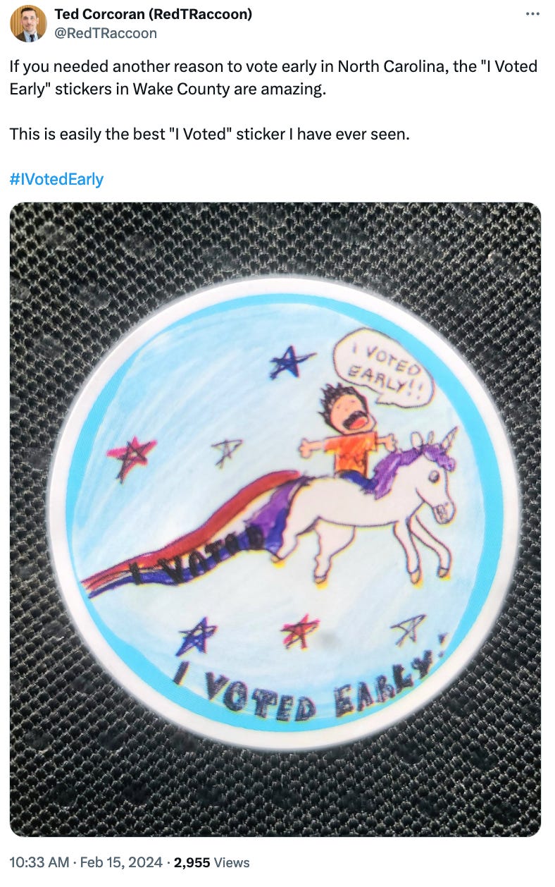 tweet: If you needed another reason to vote early in North Carolina, the "I Voted Early" stickers in Wake County are amazing.  This is easily the best "I Voted" sticker I have ever seen.