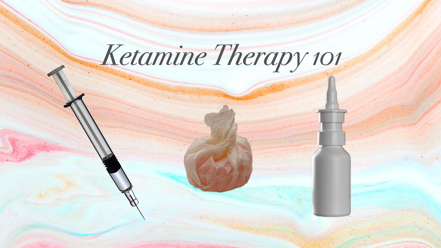 On a orange, red and blue marbled paint textured background are the words Ketamine Therapy 101 and 3 ways to administer it: syringe, lozenge, and nasal spray