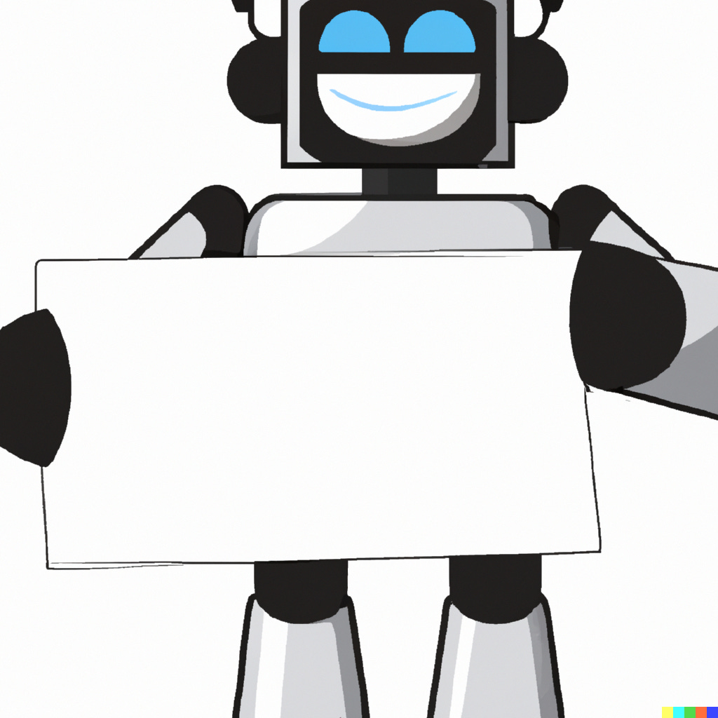 “a robot proudly holding a blank sheet of paper, cartoon style” / DALL-E