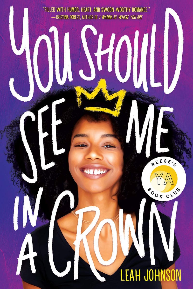 Dark blue-purple background with image of Black girl smiling with book title written across and drawn gold crown.