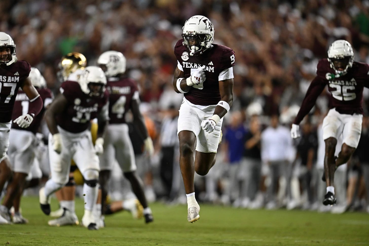 COLLEGE STATION, TEXAS - AUGUST 31: Trey Jones III #9 of the Texas A&M Aggies celebrates after a defensive stop on third down against the Notre Dame Fighting Irish during the fourth quarter at Kyle Field on August 31, 2024 in College Station, Texas. (Photo by Jack Gorman/Getty Images)