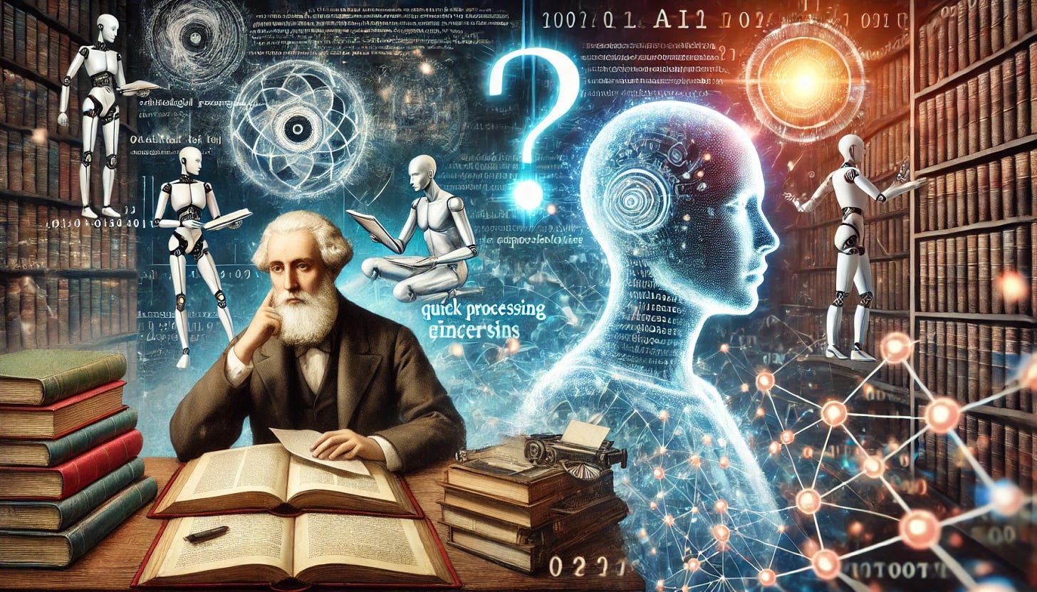 A conceptual image depicting the impact of AI on academic scholarship. On one side, show a traditional scholar at a desk, surrounded by books, deeply engaged in research, symbolizing thorough research and critical analysis. On the other side, an abstract, glowing AI entity is presenting a stream of curated information, representing AI's quick processing and content generation abilities. Between them, a glowing question mark symbolizes the epistemological concerns. The background is a blend of digital code and traditional academic symbols like books and scrolls, highlighting the tension between old and new methods.