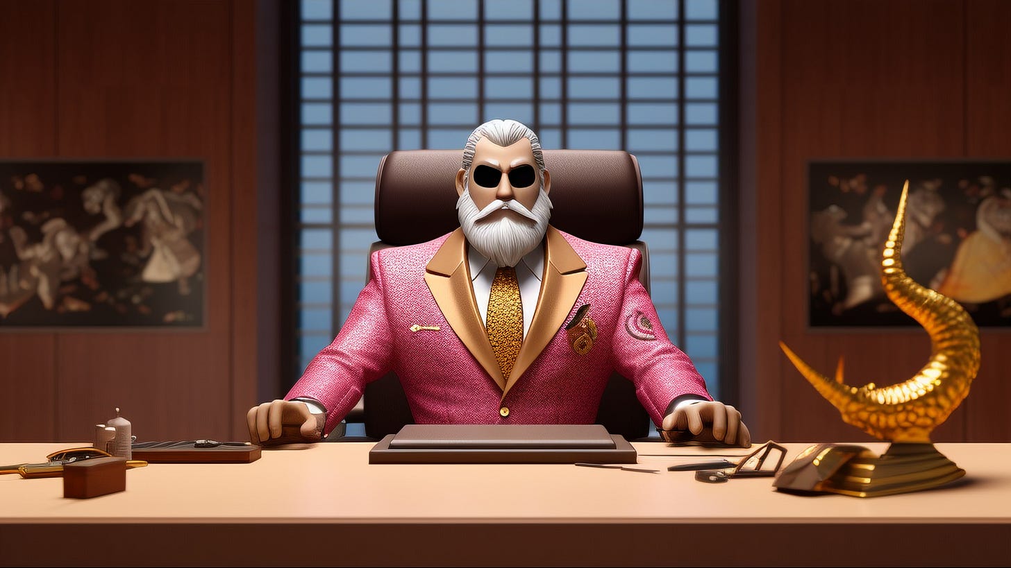 “Autism-R-Us: We Can Fix You!” A videogame CBT therapist sits in an opulent office. He wears sunglasses, a stern face, and a pink & gold suit. From Midjourney prompts by the author.