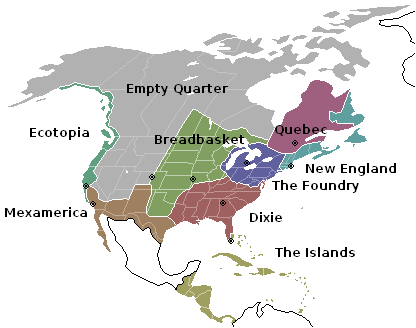 9 regions of North America, with names like Ecotopia, Mexamerica, Empty Quarter, Dixie, The Foundry, and New England