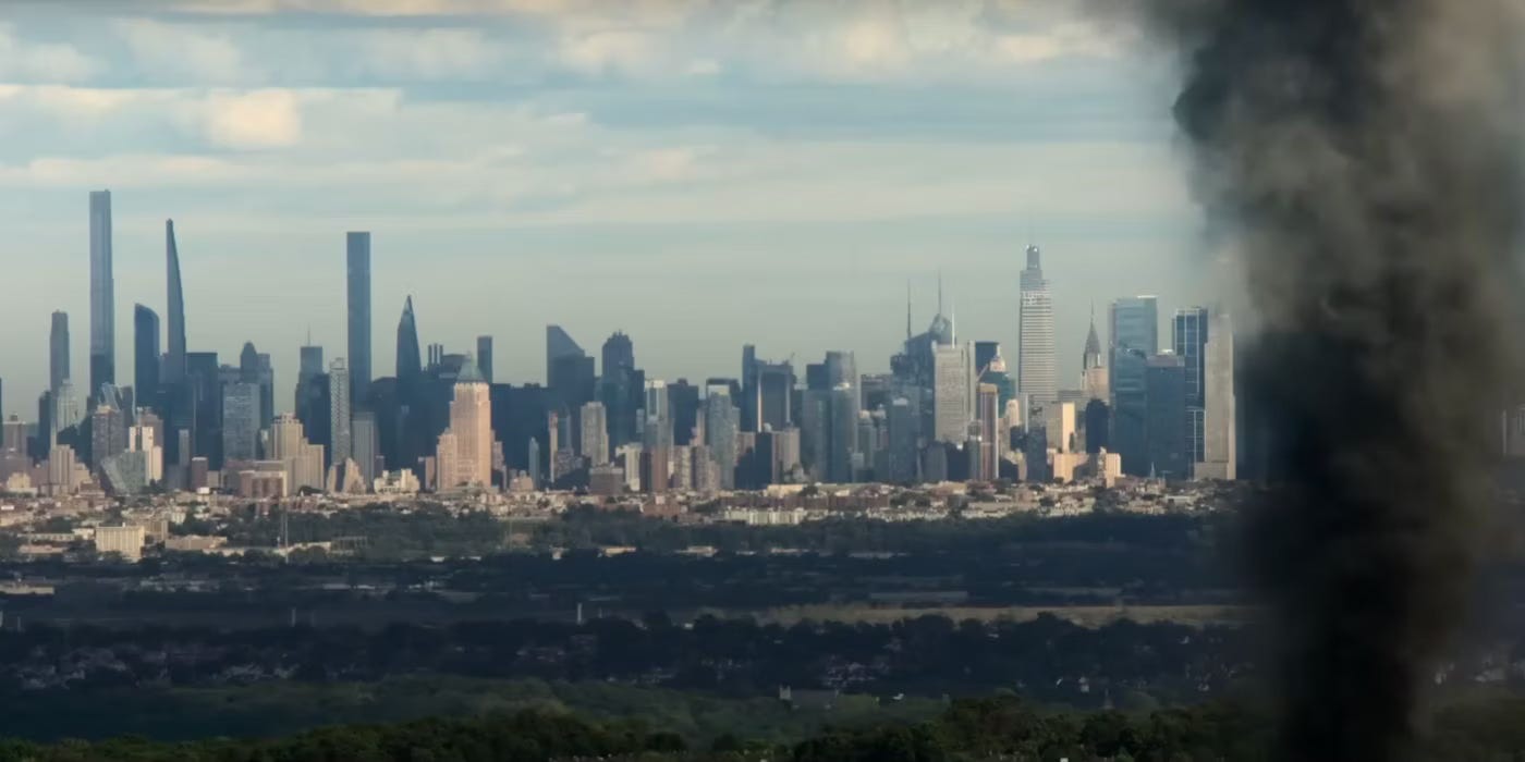 Manhattan skyline with smoke in foreground