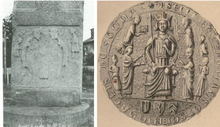 Two images side by side to show the similarities in composition between the inauguration scene on Sueno's Stone and the seal of the Abbey of Scone which also depicts a medieval royal inauguration.