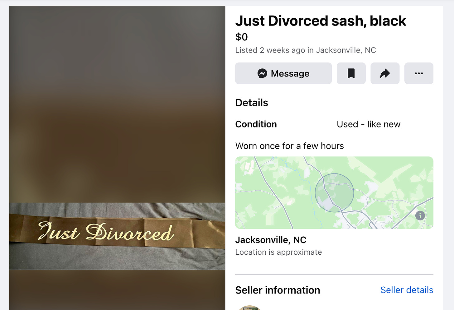 Facebook marketplace listing for "Just Divorced Sash". Description: "worn once for a few hours"