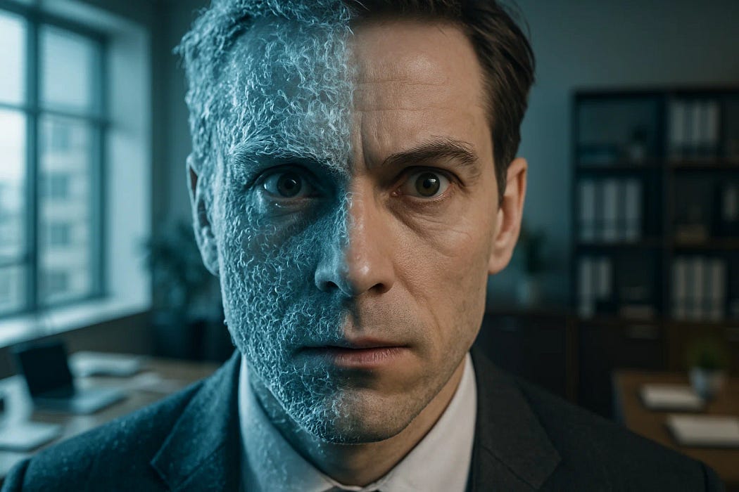 A close-up image of a man in a suit, standing in an office. The left half of his face is digitally altered to appear frozen with frost and ice texture, while the right half looks normal and warm. The contrast symbolizes emotional coldness versus warmth or duality in personality.