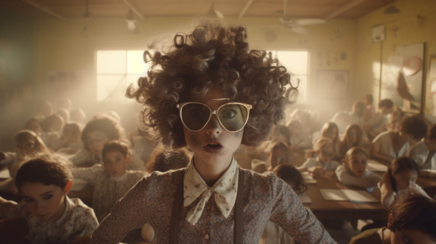 A frazzled female public school teacher covered in spitwads in a classroom of wild children but in the style of the 1950s, 8K. RAW image. High quality. High resolution image. Intricate details. Sharp details. Beautiful. Cinematic lighting. Hyper - maximalist, hyper - detailed. Clean sharp focus. Significant textile textures. Crystal clear feel. Clean sharp focus. Fashion magazine photography. High Quality. Kodak Ektachrome E100