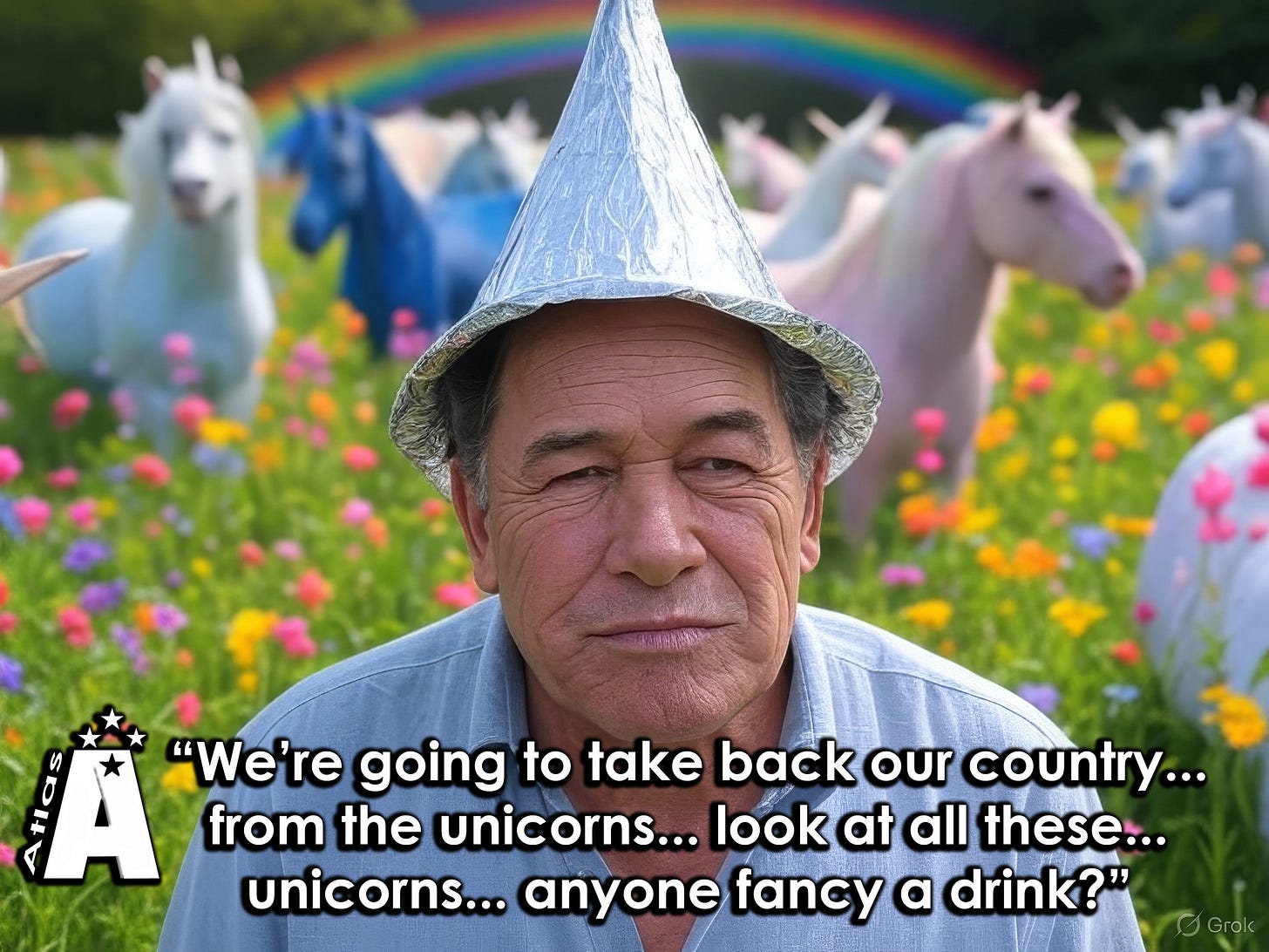 May be an image of 1 person and text that says "Ã "We're going to take back our country... from the unicorns... look at all these... unicorns... anyone fancy a drink?" Groic"
