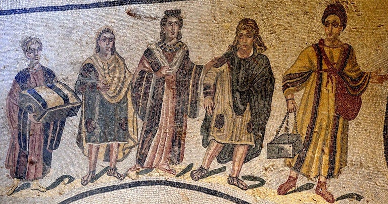  A wealthy Roman lady goes to the baths. Her two female slaves carry boxes of oils and lotions, and towels. The two male attendants might also be slaves - based on their 'barbarian' hairstyles - or perhaps even eunuchs. Mosaic from the Villa Romana,…