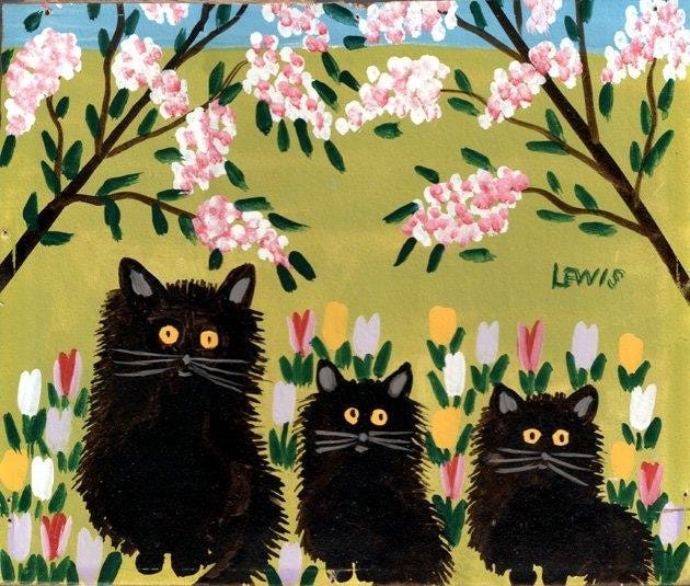 Dibujo a mano realizado por maud Lewis donde aparecen flores y tres gatos de color negro en un estilo colorista y naif.