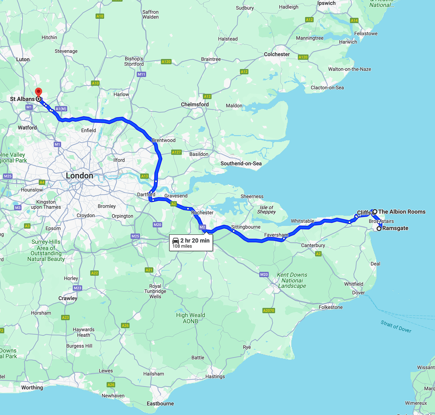Route from Ramsgate to St Albans