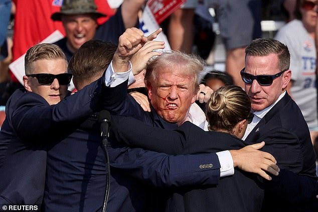 Donald Trump raises his fist moments after being injured in a shooting at a rally in Butler, Pennsylvania, on Saturday evening