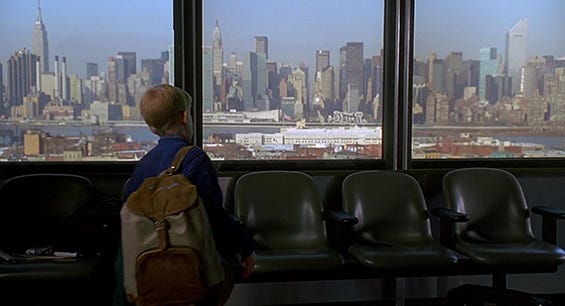 Kevin looking at the New York City skyline from the airport in Home Alone 2.
