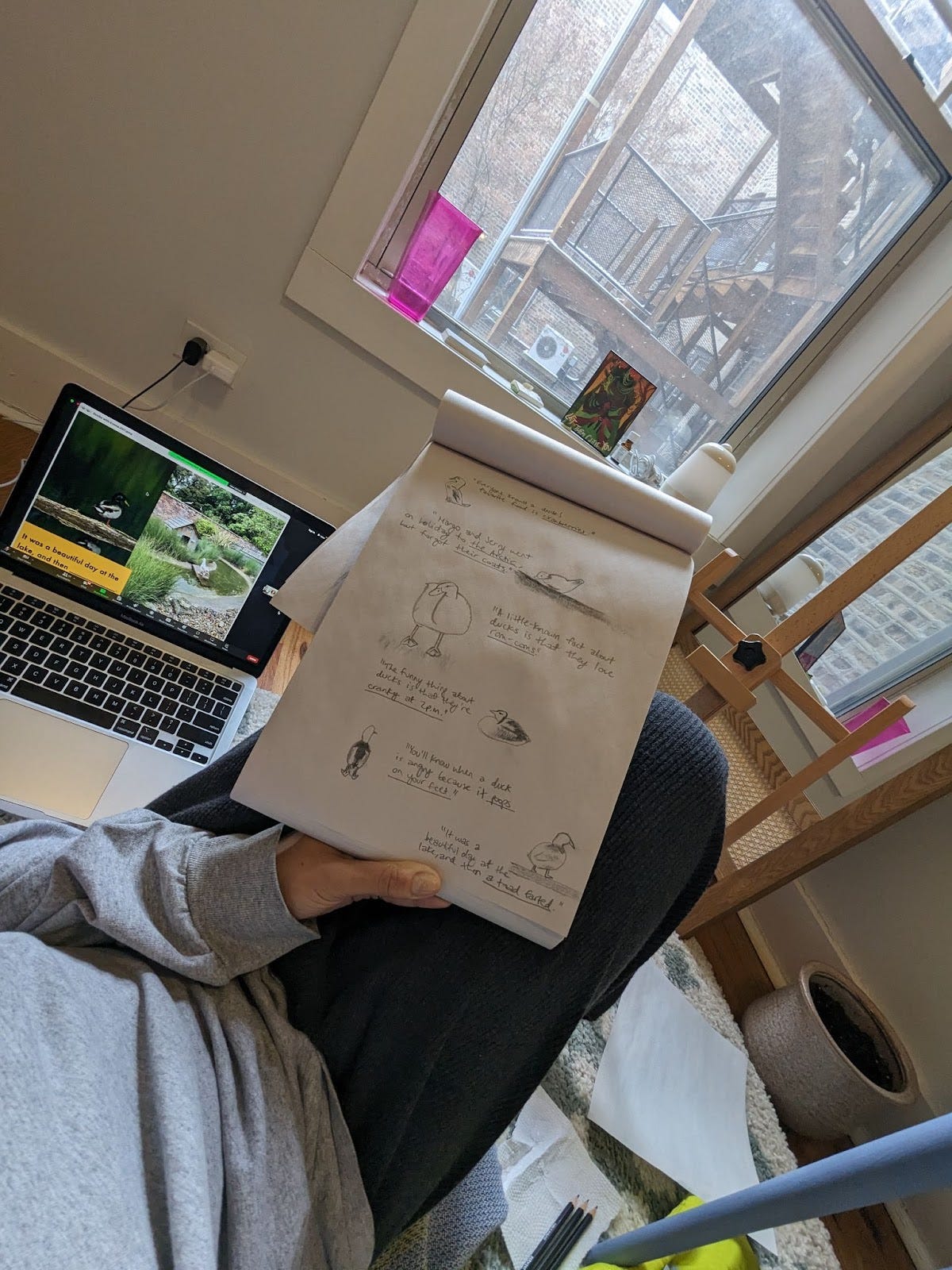 Nathalie lays on her bedroom rug in front of her laptop which show a photo of a duck she is trying to draw on her sketch pad. Her sketch pad sit on her lap showing a handful of duck drawings and fill in the work sentences that were part of the activity