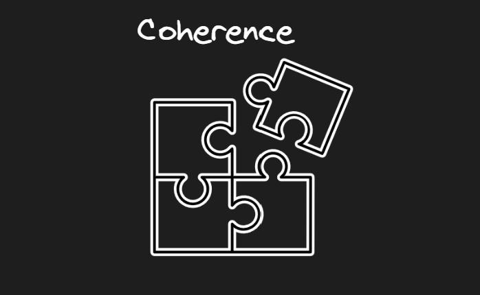 Puzzle pieces coming together into an organized finished puzzle. The heading in the image reads "Coherence".