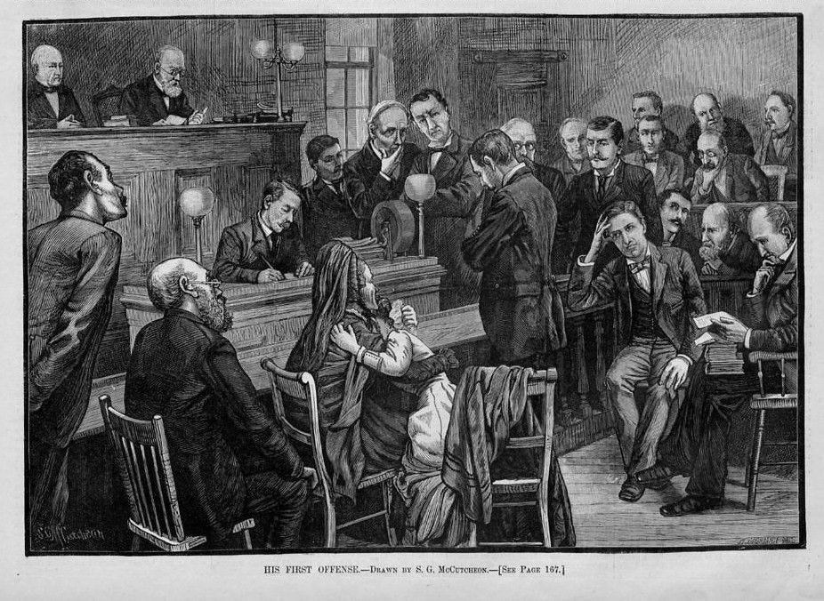 Judge Lawyer Jury Courtroom Recorder First Offense, 1880 American ...