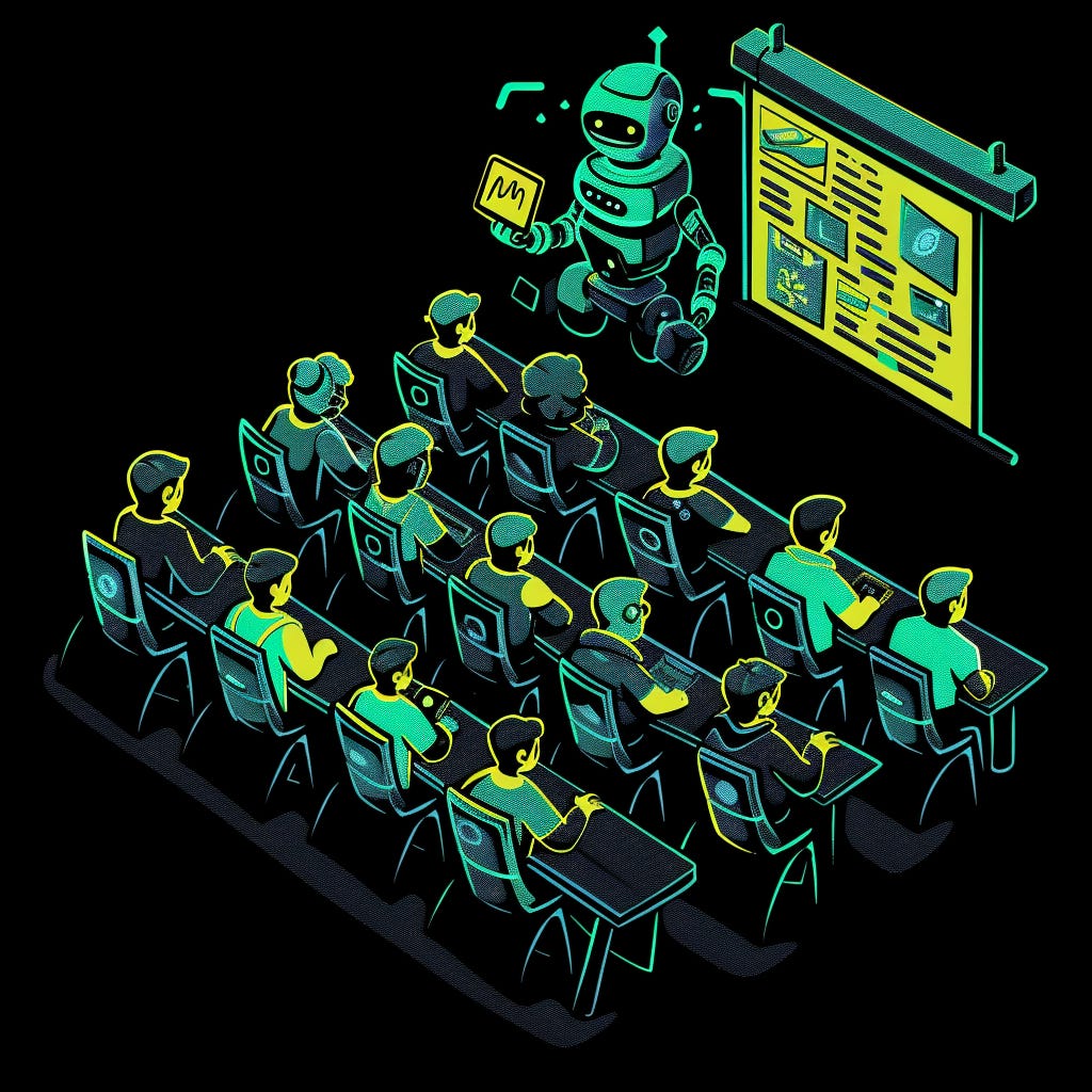  an illustration of a small robot teaching a diverse room full of employees on information security.