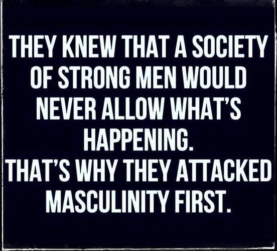 May be an image of text that says 'THEY KNEW THAT A SOCIETY OF STRONG MEN WOULD NEVER ALLOW WHAT'S HAPPENING. THAT'S WHY THEY ATTACKED MASCULINITY FIRST.'