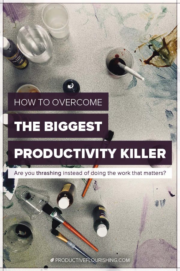 Do you check your email every 5 minutes? Switch between projects rapidly? Go grocery shopping during prime work hours? If so, then you're prone to thrashing, the biggest (and very silent) productivity killer. Use the 5-5-5 method to overcome thrash quicker and get to the work that matters. https://productiveflourishing.com/overcome-thrash/ #productiveflourishing #productivity #timemanagement #procrastination #thrash