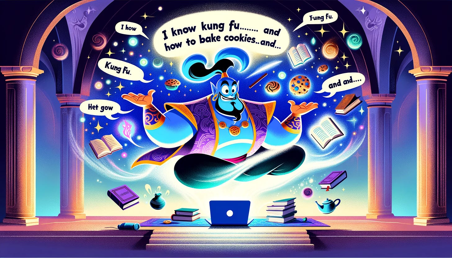 A wide cartoon image featuring a powerful yet friendly genie. The genie is depicted in a dynamic pose, absorbing knowledge from various sources such as books, a laptop, and other educational materials. The genie is saying, "I know kung fu...and how to bake cookies...and..." The scene is colorful and whimsical, capturing the genie's excitement and enthusiasm for learning. The background is a magical, ethereal library setting with floating books and glowing orbs of knowledge.