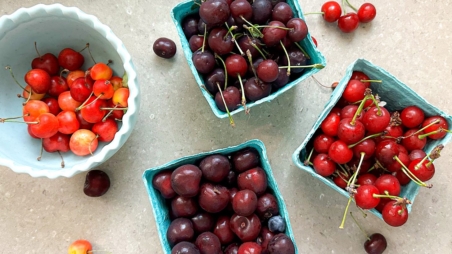 Photo of Jubelium cherries, Montmorency cherries, Bing cherries, and Rainier cherries.