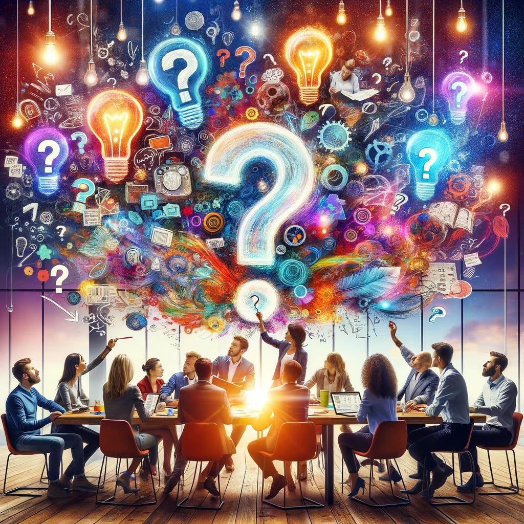 A dynamic and inspiring image that captures the essence of 'Curiosity Before Decisions'. It features a diverse group of individuals in a brainstorming session, surrounded by a flurry of colorful question marks and light bulbs floating above their heads, symbolizing ideas and questions. The setting is vibrant and energetic, with the team members actively engaging with each other, suggesting a free flow of thoughts and creativity. They are seated around a cluttered table filled with notes, laptops, and sketches, indicating a productive chaos. One of the team members is drawing a big question mark on a clear glass board, emphasizing the importance of asking questions and exploring possibilities before making decisions. The atmosphere is one of inclusivity and openness, where every idea, no matter how unconventional, is welcomed and considered.