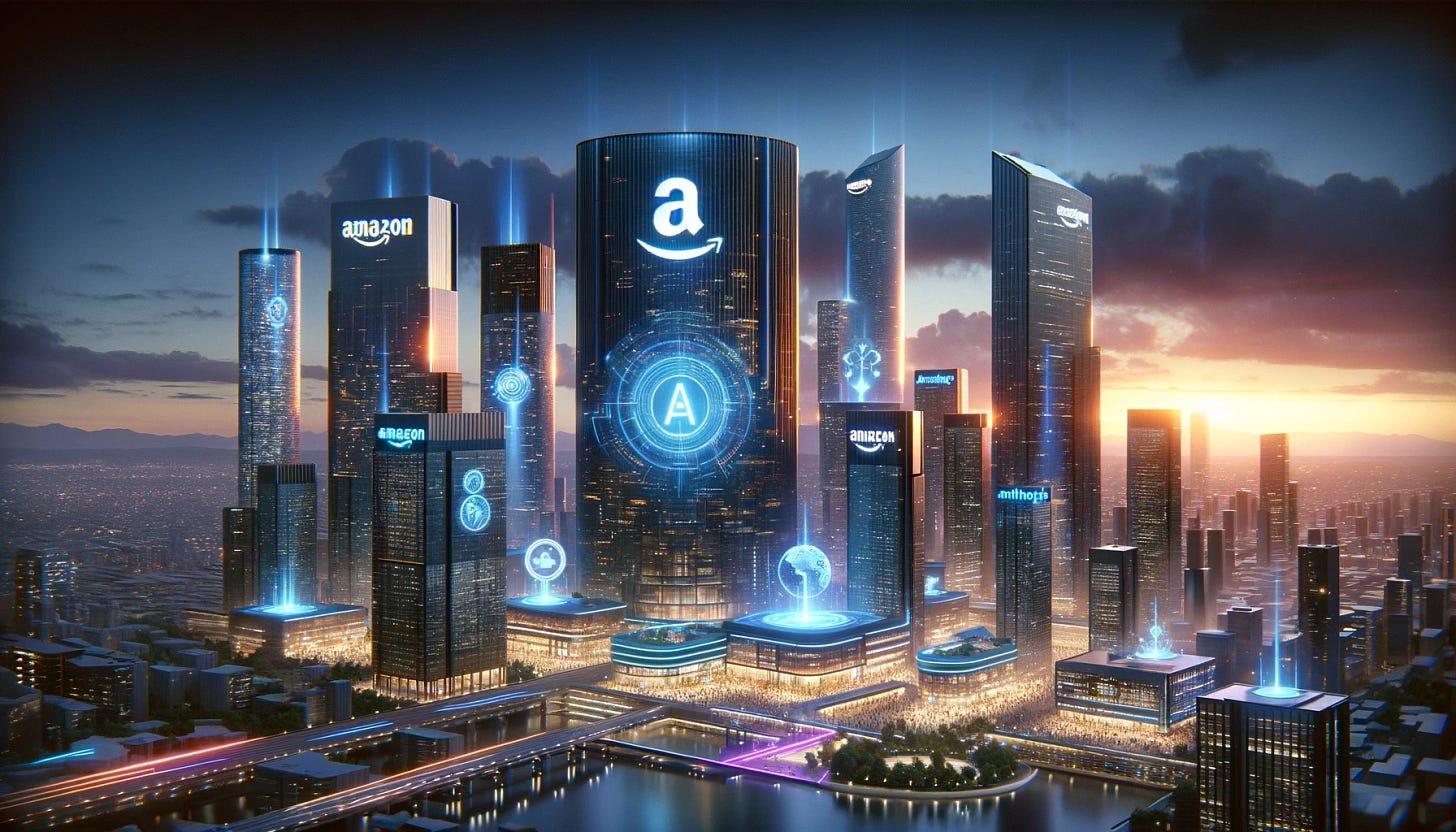 In a 16:9 widescreen format, depict a futuristic urban skyline at twilight, where advanced, towering skyscrapers dominate the scene. Among these, a building prominently displays the Amazon logo, and another showcases the 'Anthropic' name in glowing, neon lights, symbolizing a powerful alliance in the tech world. Below, the city is abuzz with people interacting with sophisticated, holographic AI interfaces, signifying a world deeply integrated with cutting-edge artificial intelligence. The atmosphere is charged with innovation and the promise of future advancements, as the partnership between Amazon and Anthropic paves the way for new technological frontiers.