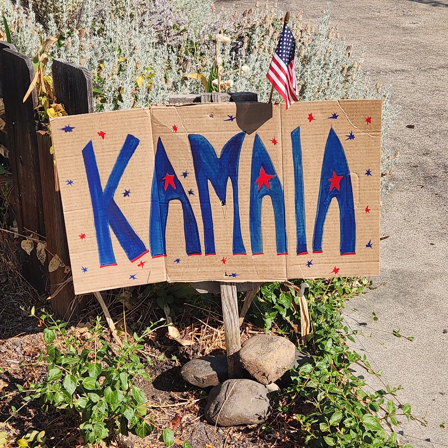 A colorful homemade Kamala Harris for President yard sign with an American flag in front of a flower bed.