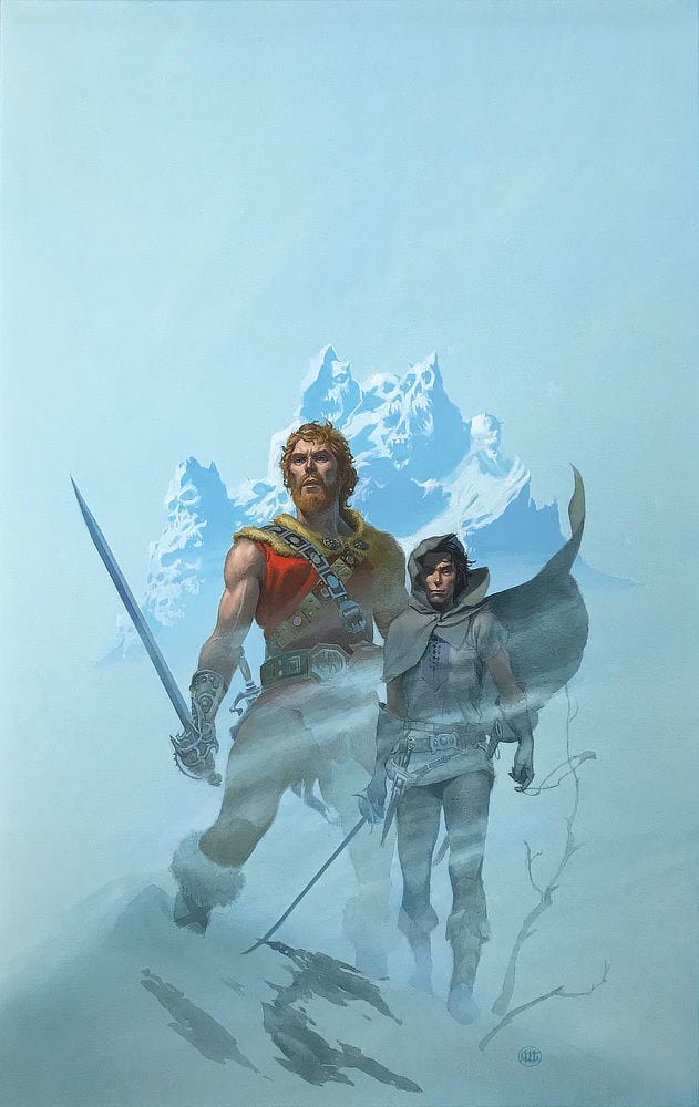 Through the haze of a mountaintop flurry, Grey Mouser steps with determination toward the camera, rapier angled low, as wind whips his hooded cloak. Bearded Fafhrd with short red-blonde hair, curly and tousled, towers next to him. A bandolier of metal buckles crosses Fafhrd's sleeveless scarlet tunic. His thickly muscled arms are bare to the elements as he boldly stares distantly with his sword angled up at the ready. One fur-cuffed boot is buried in a bank of snow. A mountain peak composed of ghastly faces rises above them highlighted icy white with shadows of soft blue. Through the haze of a mountaintop flurry, Grey Mouser steps with determination toward the camera, rapier angled low, as wind whips his hooded cloak. Bearded Fafhrd with short red-blonde hair, curly and tousled, towers next to him. A bandolier of metal buckles crosses Fafhrd's sleeveless scarlet tunic. His thickly muscled arms are bare to the elements as he boldly stares distantly with his sword angled up at the ready. One fur-cuffed boot is buried in a bank of snow. A mountain peak composed of ghastly faces rises above them highlighted icy white with shadows of soft blue.