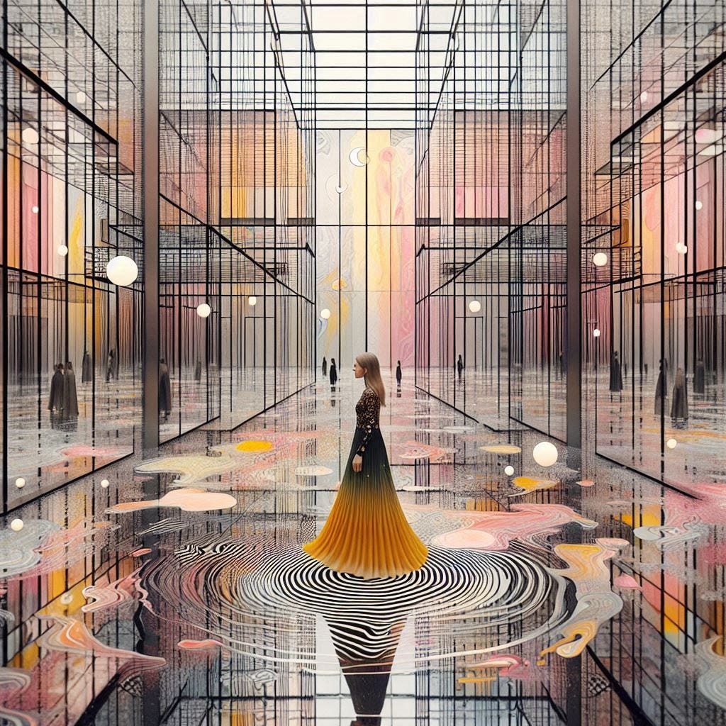 inside glass structure; tiltshift 4d angle glass embedded Altgeld hall building/ black,coral orange, pink, cream, olive/ woman inside Altgeld hall in olive,chartrues, midnightblue, hansa yellow sequence dress/ long black and gold scarf. address/earrings made of moons aglow/ reverberating waves. black hole in floor/ water in resin verdigris./ standing on stage/ In the style of Michael Parkes. black etching/ black linework/ white tiger / black sky 