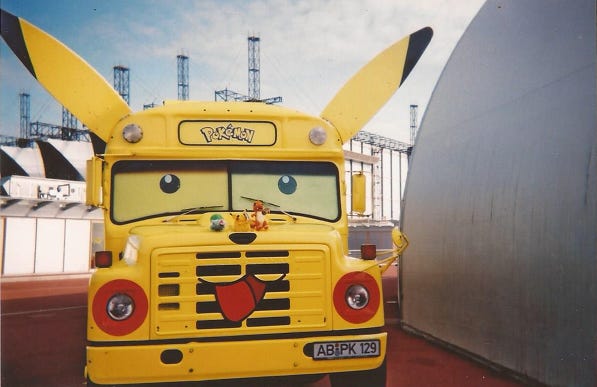 The Pikachu bus parked at the Pokémon World Exhibition at the Millennium Dome