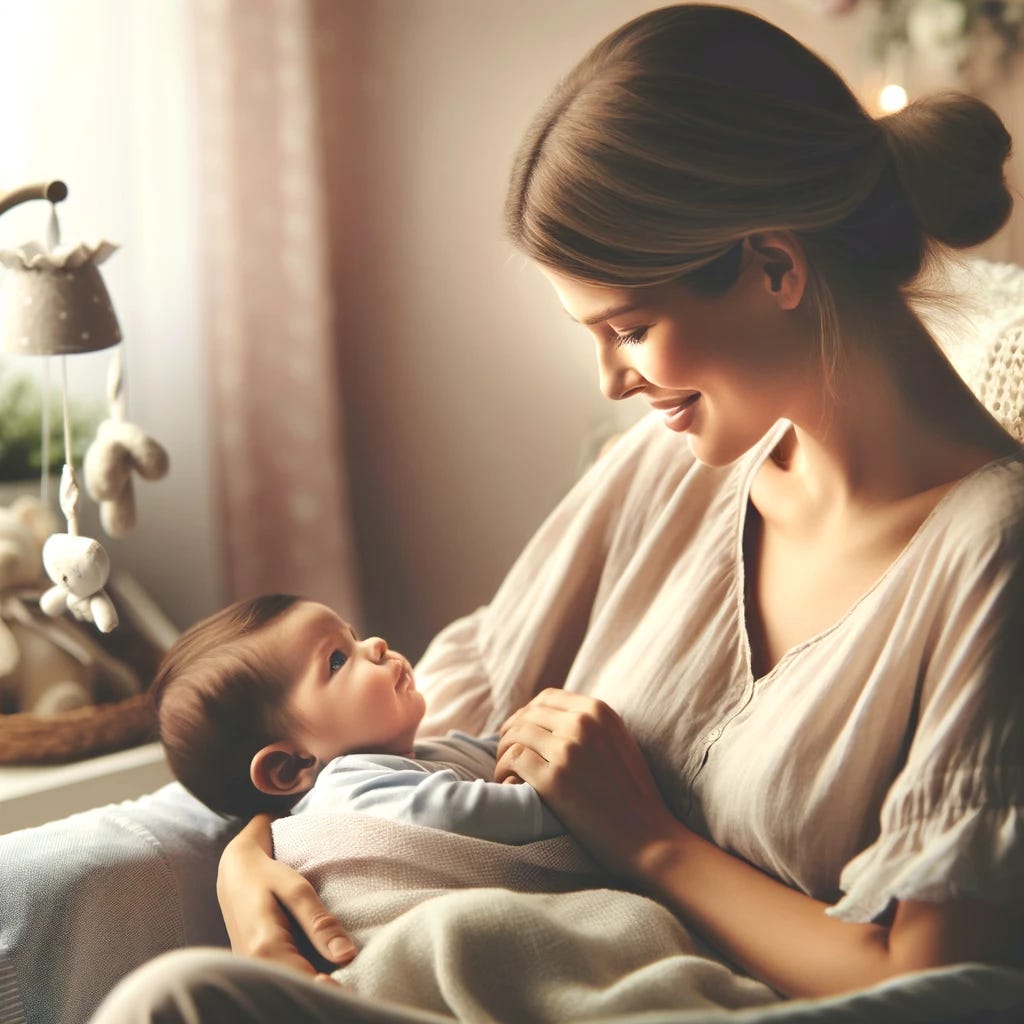 A tender scene of a mother talking sweetly to her baby in a cozy, softly lit nursery. The mother is sitting comfortably in a rocking chair, cradling her infant close to her chest. Her expression is one of pure love and adoration as she whispers sweet nothings, with a gentle smile on her lips. The baby, wrapped in a soft blanket, gazes up at the mother with innocent eyes, a sense of calm and trust evident on their little face. The nursery is decorated with pastel colors, and a mobile with delicate figures hangs above, adding to the serene and nurturing atmosphere of the moment.