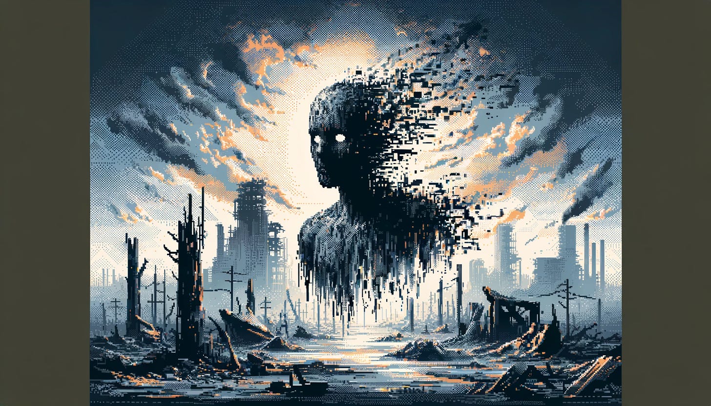 A 16-bit graphic of an acephalic non-entity, now in a more apocalyptic setting. The headless figure is more abstract and distorted, set against a backdrop of a dystopian wasteland. The landscape is bleak, with ruined buildings, smoky skies, and scattered debris, enhancing the sense of desolation. The non-entity itself appears as a ghostly, fragmented silhouette, symbolizing decay and the end of times. The image should capture the essence of an apocalyptic world, with the non-entity embodying the concept of dissolution and chaos.