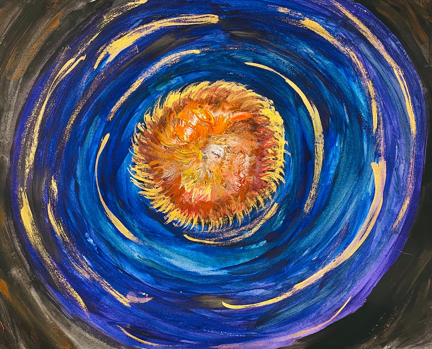 painting of a cosmic swirl of deep blue and purple with a flaming orange center and streaks of gold throughout